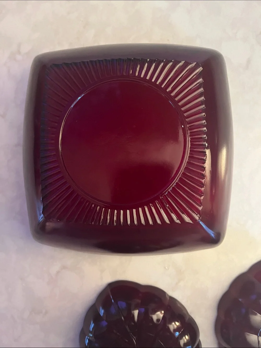 Vintage Ruby Red CHIP & DIP 2-- BOWLS . Shallow leaf shaped dip bowls